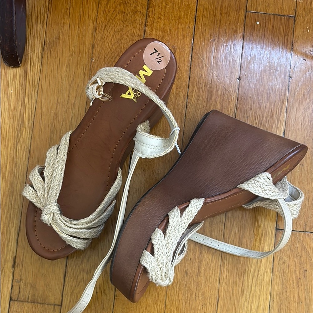 MIA Girl Braided Rope Wedge Sandals - Brown and Cream